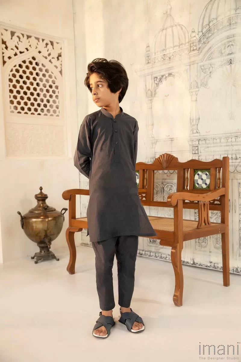 Boys 2Pc Kurta Trousers Charcoal Suit Imist-35Ch