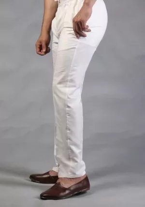 Basic Cotton Silk Off-White Slim Fit Pant / Trousers AAIM06BX474
