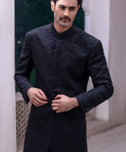Black Jamawar Karandi Classic Fit Sherwani Aaim23Cb612 20 B612B Imanistudio.com