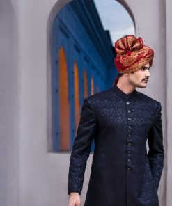 Black Jamawar Karandi Classic Fit Sherwani AAIM23CB612