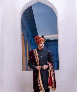 Black Jamawar Karandi Classic Fit Sherwani Aaim23Cb612 13 B612D Imanistudio.com
