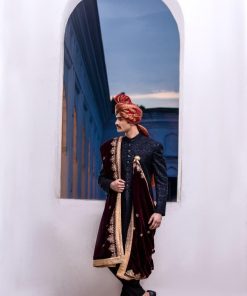 Black Jamawar Karandi Classic Fit Sherwani Aaim23Cb612 12 B612E Imanistudio.com