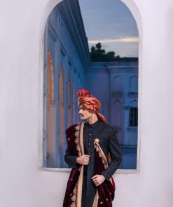 Black Jamawar Karandi Classic Fit Sherwani Aaim23Cb612 19 B612F Imanistudio.com