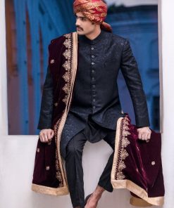 Black Jamawar Karandi Classic Fit Sherwani Aaim23Cb612 18 B612G Imanistudio.com