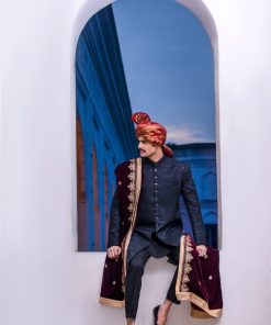 Black Jamawar Karandi Classic Fit Sherwani Aaim23Cb612 16 B612J Imanistudio.com