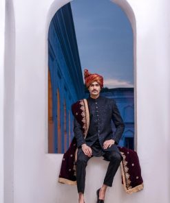 Black Jamawar Karandi Classic Fit Sherwani Aaim23Cb612 15 B612K Imanistudio.com