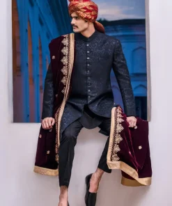 Black Jamawar Karandi Classic Fit Sherwani Aaim23Cb612 14 B612L Imanistudio.com