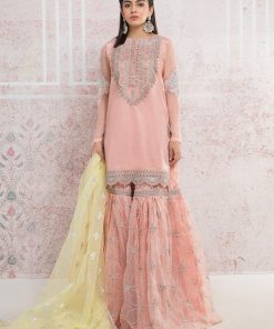 MBCSS-405 PEACH EMBROIDERED SHIRT AND GHARARA WITH YELLOW SCARF