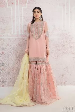 MBCSS-405 PEACH EMBROIDERED SHIRT AND GHARARA WITH YELLOW SCARF