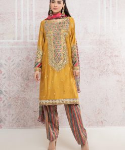 MBCSS-406 Embroidered Cotton Satin Medium Length Shirt Plain Cotton Satin Back Embroidered Cotton Satin Sleeves Printed Tissue Silk Dupatta Printed Cotton Satin Shalwar