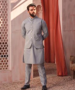 3PCS MEN'S SHALWAR KAMEEZ WASF IMIST04-SILVER GREY
