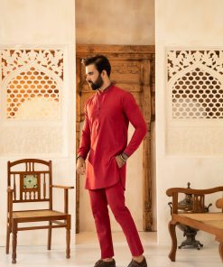 2PC MEN'S KURTA AND PANTS  STITCHED-RED SUIT IMIST-26RD