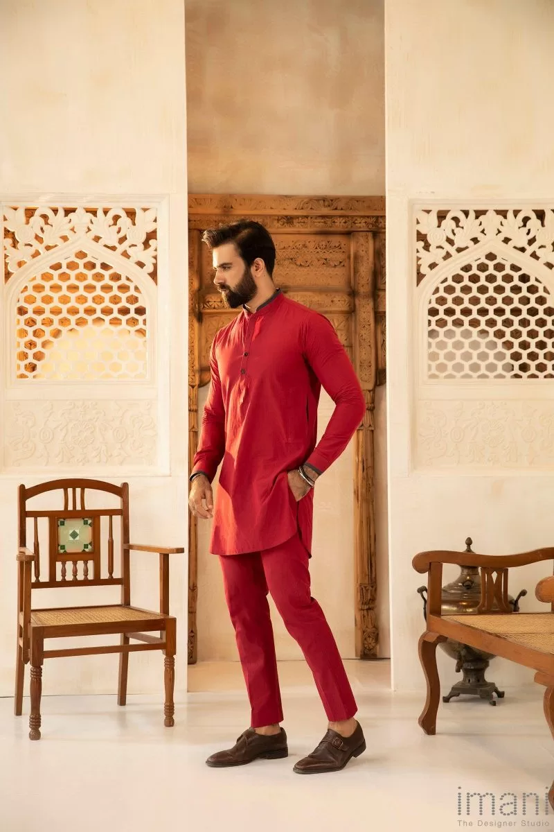 2Pc Men'S Kurta And Pants  Stitched-Red Suit Imist-26Rd