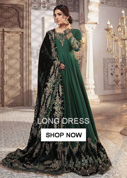 Pakistani Golden Designer Walima Gown with Embroidered Long Trail -