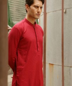 1Pcs Men’s Embroidered Cotton Kurta Imist42-Red 8 3J1A8215 Imanistudio.com E1668794300140