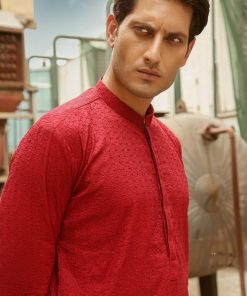 1Pcs Men’s Embroidered Cotton Kurta Imist42-Red 10 3J1A8218 Imanistudio.com E1668794286258