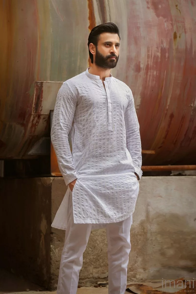 White Navratri Kurta for Mens in Cotton With Pajama and Gamthi Work with  Real Mirror in USA, UK, Malaysia, South Africa, Dubai, Singapore