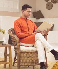 1Pcs Men’s Schiffli Embroidered Cotton Kurta Imist-87Orange 11 3J1A4309 Imanistudio.com E1680530778851