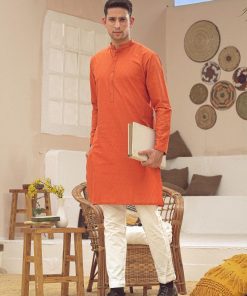 1Pcs Men’s Schiffli Embroidered Cotton Kurta Imist-87Orange 10 3J1A4313 Imanistudio.com E1680530751602