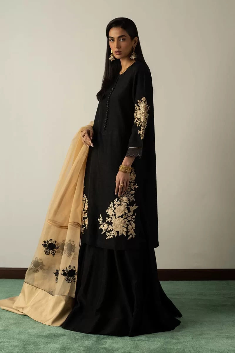 Zara Shahjahan Raw Silk Black/Cream Suit Zssl-1912Bc