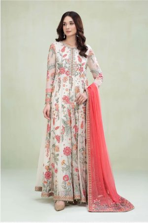 Maria.B Chiffon Evening Wear White Floral Suit MBMCS-2306WF