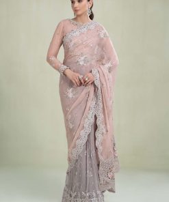 Maria.b Chiffon Evening Wear Peach&Amp;Grey Saree Mbmcs-1505Pg