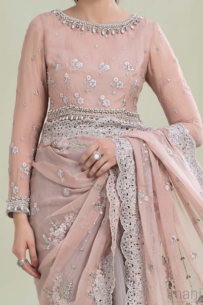 Maria.B Chiffon Evening Wear Peach&Grey Saree MBMCS-2305PG - Imani Studio