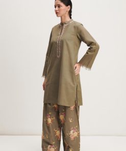 Zara Shahjahan 2Pcs Basic Kurta Co-Ord Set Zszkt-1258Olive Green 7 Zkt 1259C Imanistudio.com