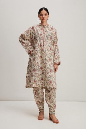 Zara Shahjahan 2Pcs Basic Kurta Suit Zszkt-1261Wht Floral