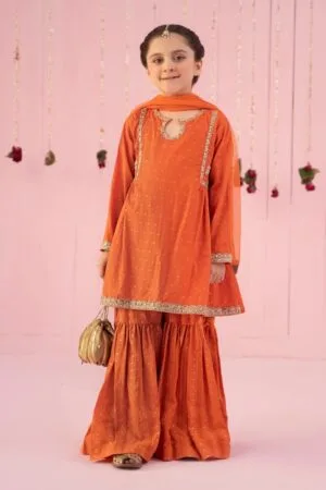 MariaB Orange Embroidered Jacquard Gharara Suit MBKD-EF2416OR