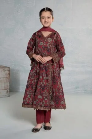 Mariab Maroon Printed &Amp; Embroidered Lawn Suit Mbkd-Ef2426Mp