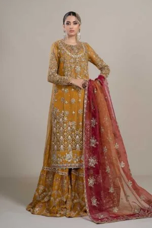 Luxury Formal Mustard Organza Embroidered Suit MBDS-EF2707MY