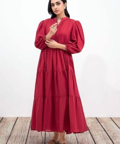1 Pc Red Dobby Lawn Dress MB-EF24111RD