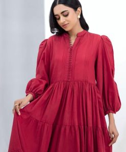 1 Pc Red Dobby Lawn Dress Mb-Ef24111Rd 6 Mbef 24111Redb Imanistudio.com
