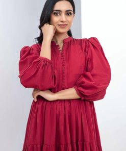 1 Pc Red Dobby Lawn Dress Mb-Ef24111Rd 7 Mbef 24111Redc Imanistudio.com