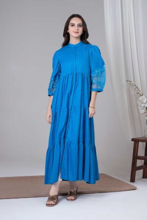 1 Pc Royal Blue Self Pattern Dobby Lawn Dress Mb-Ef24194Rb