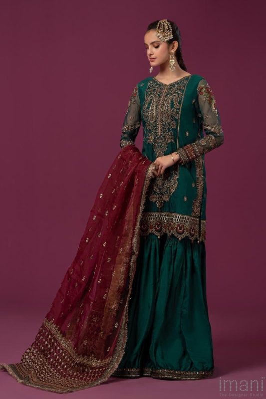 Green Crepe Silk Gharara Suit Hand Mundi & Swarovski Work with Dupatta main image 1