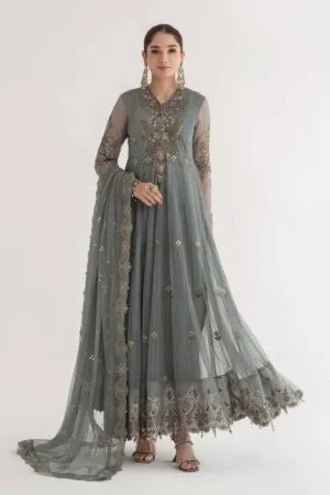 MariaB Grey Net/Lawn Embroidered Suit MBDS-EF24D3AG