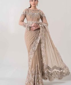 Luxury Formal Maria.b Skin Beige Embroidered Chiffon Saree Mbds-Ea2801Sb 13 D 1 Sareef Imanistudio.com