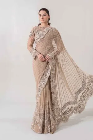 Luxury Formal Maria.B Skin Beige Embroidered Chiffon Saree MBDS-EA2801SB