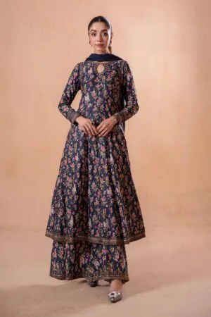 Mariab Navy Floral Embroidered Cotton Lawn Suit Mbdw-Ea2481Nf