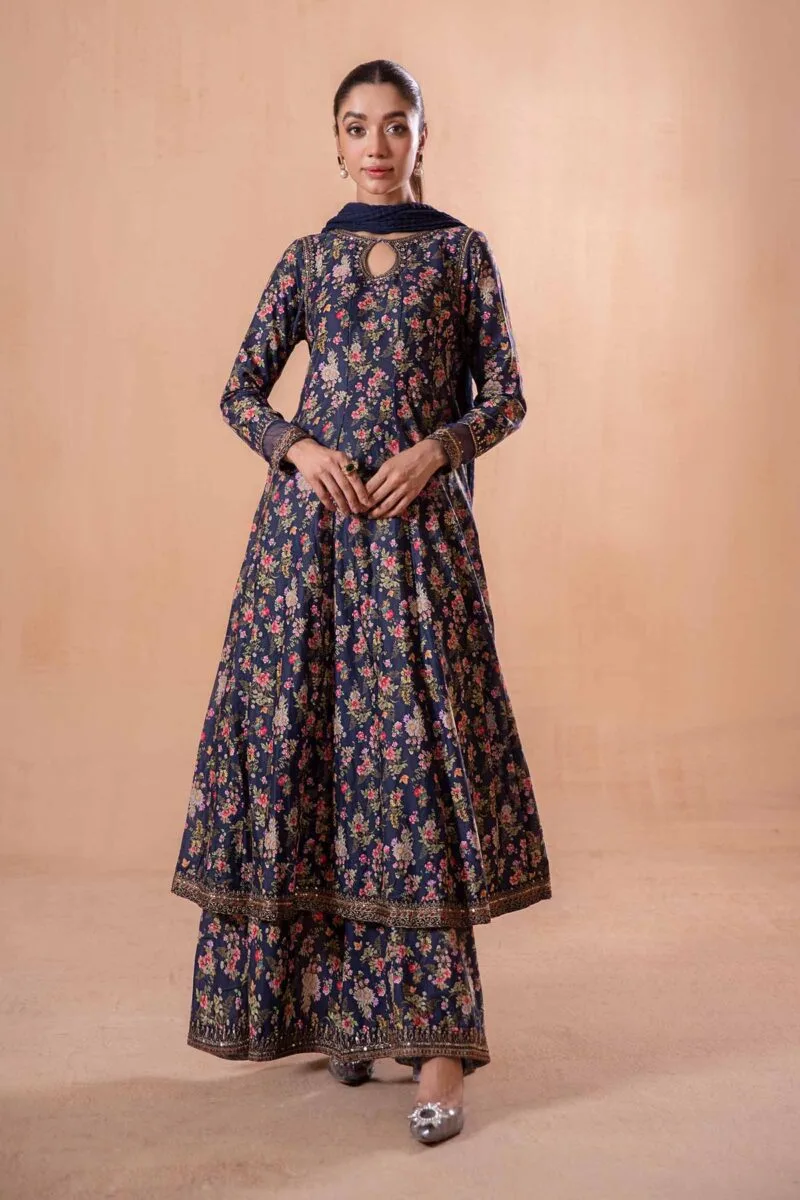 Mariab Navy Floral Embroidered Cotton Lawn Suit Mbdw-Ea2481Nf