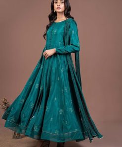 2 Pieces Embroidered Raw Silk Bottle Green Dress & Dupatta MBF24501BG