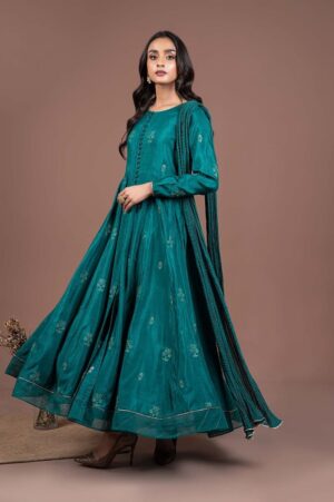 2 Pieces Embroidered Raw Silk Bottle Green Dress & Dupatta MBF24501BG