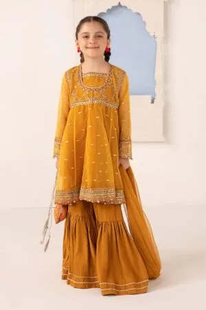 MariaB Mustard Embroidered Lurex Organza Suit MBKS-EA2414MD