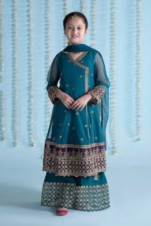 MariaB Teal Embroidered Net Angrakha Suit MBKS-EA2436TB