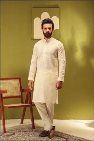 2 Pieces Kurta / Pants Cotton Embroidered Cream Suit IMIST-S24EF107