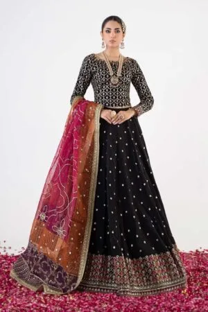 Luxury Formal Black Embroidered Raw Silk Lehnga Choli MBSF-EA2404BM