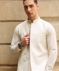 3 Pcs Mens Premium Quality Karandi Kameez/Pants Waistcoat IMIST2405-Cream