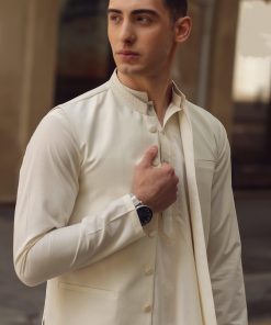 3 Pcs Mens Premium Quality Karandi Kameez/Pants Waistcoat Imist2405-Cream 10 3J1A8066 Imanistudio.com